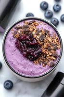 Creamy blueberry smoothie bowl topped with granola, dark chocolate chunks and berry jam garnish. Fresh berries scattered around on marble surface for healthy breakfast.