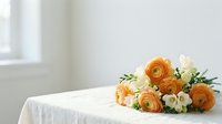 Fresh orange ranunculus and white flowers arranged on clean white table in bright modern interior for wedding decoration and floral design projects.