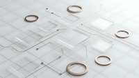 Futuristic transparent glass panels with copper rings on white grid surface for modern technology and innovation concepts.