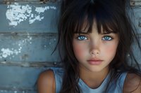Young girl with striking blue eyes and dark hair against weathered blue wooden background. Child portrait with natural lighting and rustic texture.