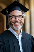 Mature graduate with gray beard wearing academic cap and gown smiles proudly during commencement ceremony against blurred architectural background.