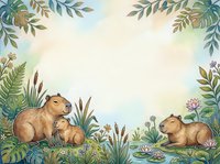Watercolor capybara family frame with tropical plants and flowers on soft background for nursery decor and children's design projects.