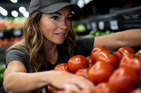 Young woman in baseball cap selecting fresh red tomatoes at grocery store produce section for healthy shopping and nutrition.