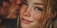 Young blonde woman with freckles smiling warmly while man kisses her cheek in intimate romantic moment showing love and affection between couple.