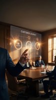 Businessman in dark suit interacting with glowing customer journey diagram on transparent digital display in modern office conference room with colleagues present.