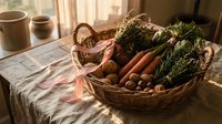 Fresh organic vegetables in wicker basket on rustic kitchen table with natural sunlight streaming through window creating warm homey atmosphere.