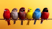 Six colorful small birds perched on rope against bright yellow background. Vibrant red, brown, blue finches sitting together in row for pet store display.