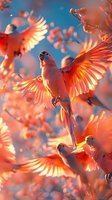 Pink and coral-colored parrots with spread wings flying against blue sky background, creating magical atmosphere with glowing sunlit feathers and ethereal lighting.
