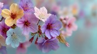 Cherry blossom flowers in soft pastel colors with delicate petals and visible stamens on blurred colorful background for spring designs and nature themes.