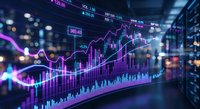 Financial data visualization with glowing purple charts and graphs displaying market trends, stock prices, and analytics in modern digital interface.