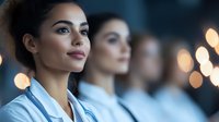 Young mixed race female medical professional in blue scrubs with confident expression against blurred colleagues and bokeh lights background.