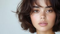 Young woman with short wavy brown hair, natural makeup, and freckles looking directly at camera against light background, expressing confidence and authenticity.