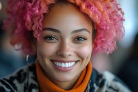 Young African American woman with vibrant pink curly hair smiling brightly, wearing orange scarf and casual jacket. Natural beauty portrait with soft bokeh background.
