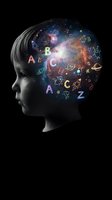 Child profile with cosmic brain filled with colorful letters and space elements representing learning, education and imagination on black background.