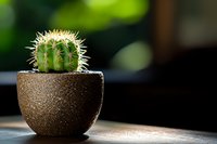 Small round cactus with white spines in brown ceramic pot against dark background with natural sunlight creating dramatic lighting and bokeh effect.