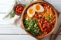 Asian noodle bowl with fried eggs, kimchi, fresh green onions and sesame seeds served in ceramic bowl on white wooden background. Food photography.