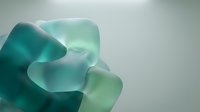 Translucent teal and green sea glass pieces with smooth frosted texture creating abstract organic shapes against soft gradient background for wellness design.