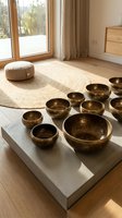 Brass singing bowls arranged on white concrete platform in minimalist meditation room with natural light, wooden flooring, beige rug, and floor cushion for wellness, yoga, and spiritual practice spaces.