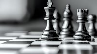Chess king piece in focus on checkered board with blurred pieces in background, strategic thinking and leadership concept for business planning.