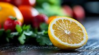 Fresh cut lemon half with vibrant yellow flesh and white pith on dark textured surface, blurred colorful produce and herbs in background. Food photography.