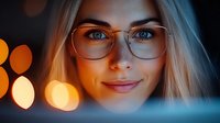 Young blonde woman with glasses working late at computer screen with warm bokeh lights creating cozy atmosphere for productivity and focus concepts.