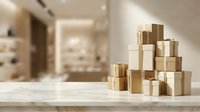 Stacked kraft cardboard boxes on white marble table in modern interior space, suitable for logistics, shipping, delivery, and e-commerce concepts.