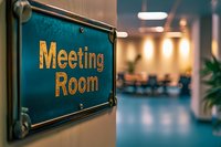 Green meeting room sign with gold lettering mounted on wall, blurred modern office interior with warm lighting and blue carpet in background.