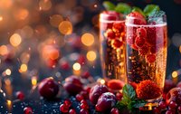 Sparkling champagne cocktails with fresh raspberries, mint leaves and cranberries against festive bokeh lights background, elegant holiday celebration.