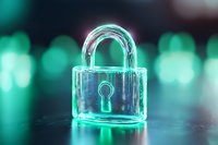 Glowing transparent padlock on dark background with green bokeh lights and reflective surface, representing digital security and data protection concept.