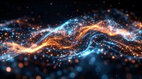 Flowing wave of glowing particles in blue and orange tones against dark background, representing energy, data flow, and digital transformation for technology and innovation concepts.