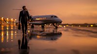 Professional businessman walking on wet airport tarmac at sunset with private jet in background. Corporate travel and luxury aviation concept.