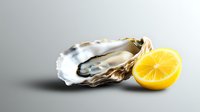 Fresh raw oyster on half shell with juicy lemon slice on light gray background. Gourmet seafood delicacy for restaurant menu and food design.
