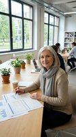 Mature Caucasian businesswoman analyzing financial reports in modern office workspace with colleagues working in background during daytime meeting.