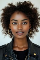 Young African American woman with curly hair wearing leather jacket and gold hoop earrings against neutral background for fashion and beauty concepts.