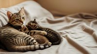 Adorable tabby cat relaxing on cozy bed with warm sunlight streaming through window creating peaceful morning atmosphere for pet lovers and home decor.