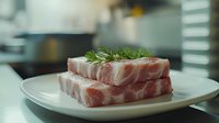 Raw pork belly slices with fresh rosemary herb garnish on white plate in modern kitchen setting for culinary cooking and food preparation concepts.