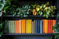 Colorful books arranged in rainbow order on dark shelf with green plants above, creating cozy home library atmosphere. Natural lighting enhances vintage book spines.
