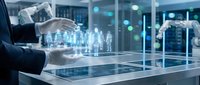 Businessman holding digital holographic people icons above tablet in modern office representing human resources management and team leadership concepts.