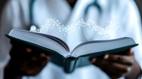 Open book with glowing magical particles rising from pages, held by person in white clothing, creating mystical educational atmosphere. Knowledge concept for learning.
