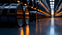 Industrial metal barrels in modern warehouse facility with dramatic lighting and perspective view for logistics and storage concepts.
