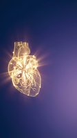 Glowing wireframe human heart with bright light rays on purple gradient background for medical and healthcare design concepts.