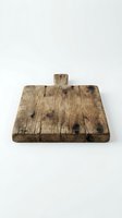 Rustic wooden cutting board with handle, featuring aged wood grain texture and dark knots, isolated on white background for kitchen design use.