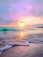 Dramatic ocean sunset with gentle waves rolling onto sandy beach, pink and purple sky reflecting in turquoise water, creating serene coastal atmosphere.