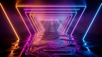 Futuristic neon tunnel with glowing triangular frames in purple, pink and blue colors creating perspective depth on reflective wet floor surface.