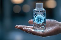 Transparent bottle with blue virus cell floating inside held in human palm against blurred background, medical research concept visualization.