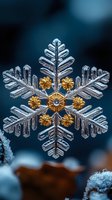 Macro photograph of natural snowflake crystal with intricate geometric pattern and golden center details against dark blue background, showing delicate ice structure.