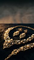 Elegant gold jewelry set with pearls and ornate leaf design on dark textured surface for luxury fashion and accessories photography.