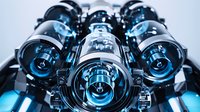Futuristic mechanical cylinders with glowing blue light effects arranged in symmetrical pattern. Industrial tech background with metallic surfaces and dramatic lighting.