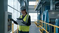 Industrial worker in safety vest and hard hat reviewing blueprints on factory walkway with yellow railings and large windows in modern facility.