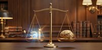 Golden scales of justice balancing artificial intelligence technology against human brain in elegant law office setting with warm lighting and legal books.